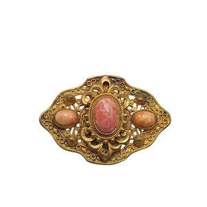 Antique Victorian Elegant Coral Art Glass Gold-tone Filigree Brooch